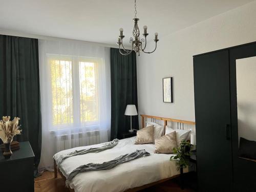 a bedroom with a large bed with a chandelier at Groundfloor Rahmaninov in Bucharest