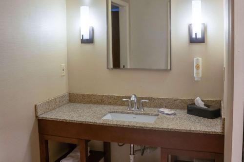 a bathroom with a sink and a mirror at Comfort Inn & Suites Erie - Splash Harbor Indoor Waterpark in Erie
