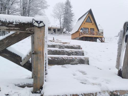 un conjunto de escaleras cubiertas de nieve frente a una casa en Koliba Luča Smrčevo Brdo, en Žabljak