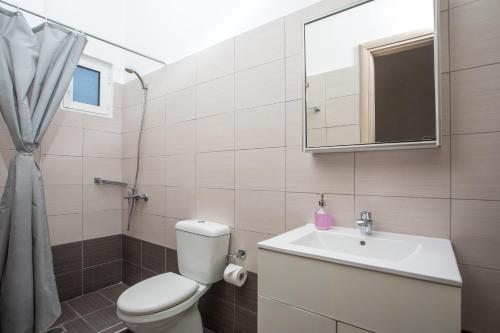 a bathroom with a toilet and a sink and a mirror at Al Mare Apartments in Afantou