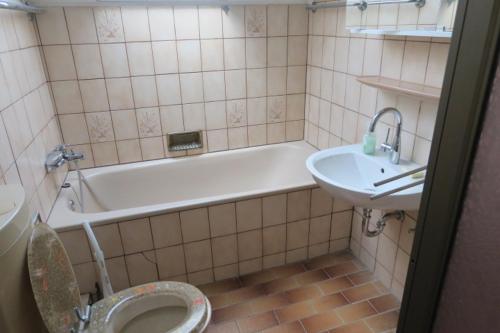 een badkamer met een bad, een toilet en een wastafel bij Ferienwohnung Schneider-Peters in Kürten