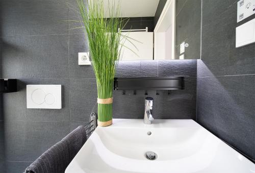 ein Badezimmer mit einem weißen Waschbecken und einer Pflanze darauf in der Unterkunft Blauer Stein Apartments Doppelzimmer 1 in Pulheim