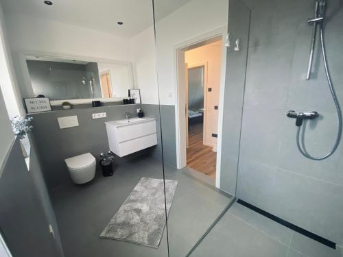 een badkamer met een douche, een wastafel en een toilet bij Montihaus Gäste & Monteurzimmer in Dormagen