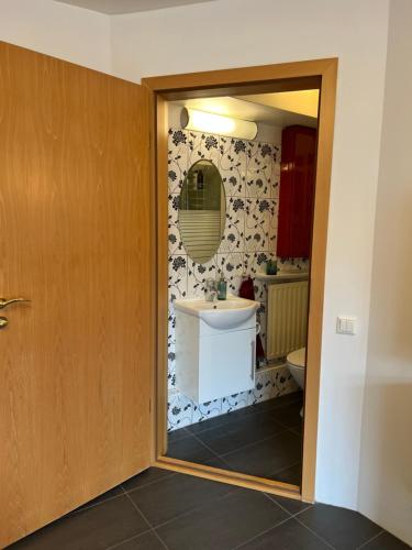 y baño con lavabo y espejo. en Reykjavik city center - Privat studio apartment, en Reikiavik