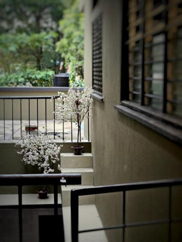 a balcony with two potted plants and a window at 85 Boutique Hotel in Ipoh