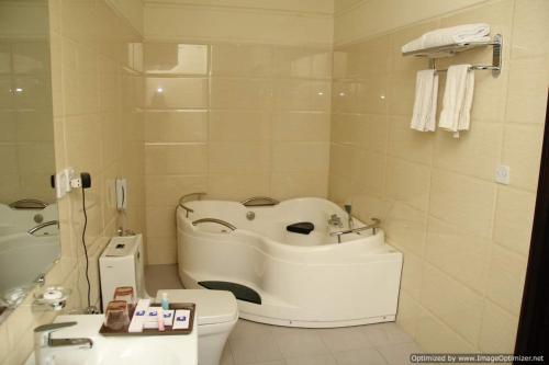 a bathroom with a sink and a toilet and a tub at Hotel Javson in Sialkot