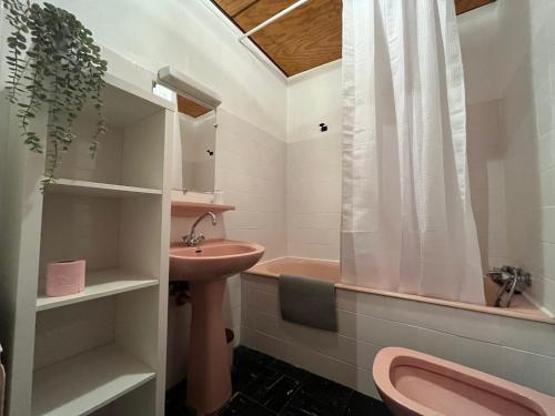 La salle de bains est pourvue d'un lavabo et de toilettes roses. dans l'établissement Appartement lumineux sur piste avec balcon et réductions ski - FR-1-165A-182, à Uvernet