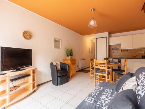 un salon avec un canapé et une télévision et une cuisine dans l'établissement Duplex pour 6 pers, plein sud, proche thermes et télécabine, parking privé - Saint-Lary-Soulan - FR-1-296-297, à Saint-Lary-Soulan