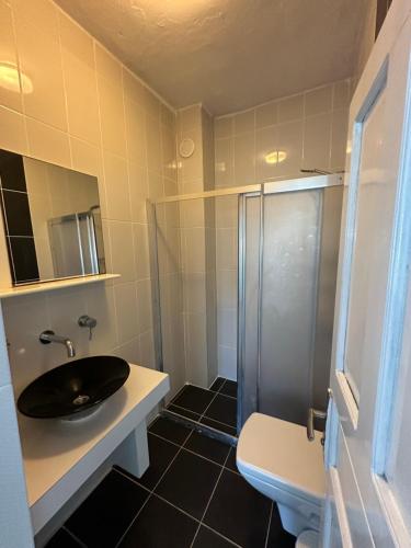 a bathroom with a sink and a shower and a toilet at Sisyphos Hotel in Gelemiş