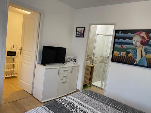 ein Schlafzimmer mit einem TV auf einer Kommode mit einem Spiegel in der Unterkunft Cosy studio, lit double in Le Mans