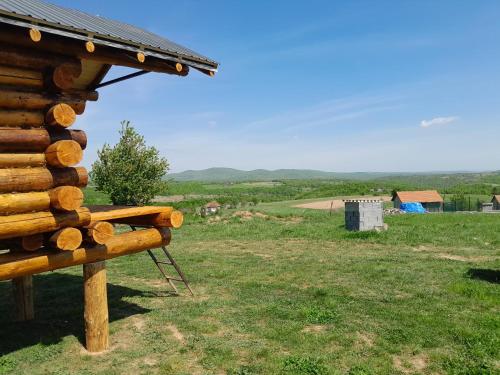 una baita di tronchi con vista su un campo di Bungalov a Miroč
