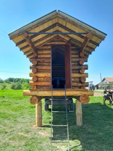 ein Blockhaus mit einer Leiter auf einem Feld in der Unterkunft Bungalov in Miroč