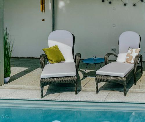 two chairs with pillows sitting next to a pool at Panoramahaus am Schlipfweg in Weil am Rhein
