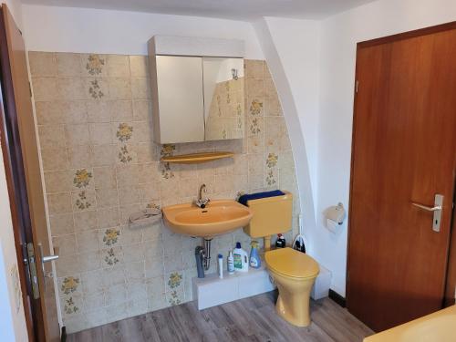 La salle de bains est pourvue de toilettes jaunes et d'un lavabo. dans l'établissement City- und Messeapartment Hildesheim, à Hildesheim