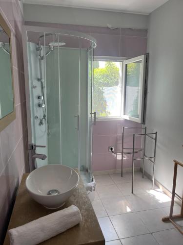 a bathroom with a sink and a glass shower at Magnifique villa l'Ibis pour 8 personnes, piscine, clim,parc et parking in Arles