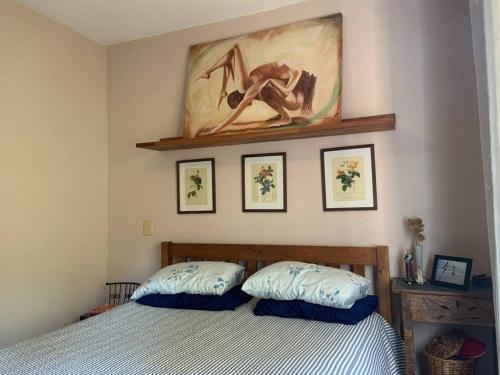 ein Schlafzimmer mit einem Bett und einem Gemälde an der Wand in der Unterkunft Casa Oceano Psicina área gourmet pertinho do mar in São Sebastião