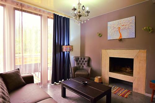 博爾若米的住宿－Chalet Resort Weekend Borjomi，带沙发和壁炉的客厅