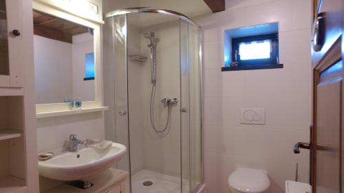 La salle de bains est pourvue d'une douche, d'un lavabo et de toilettes. dans l'établissement Rozika guesthouse - Sukoró, à Sukoró