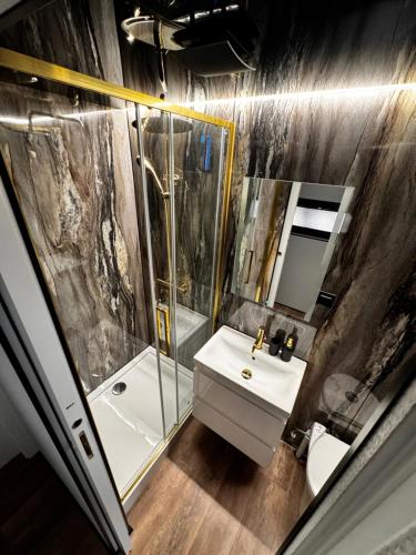 ein Bad mit einer Dusche und einem Waschbecken in der Unterkunft Houseboat EnergyApart in Stettin