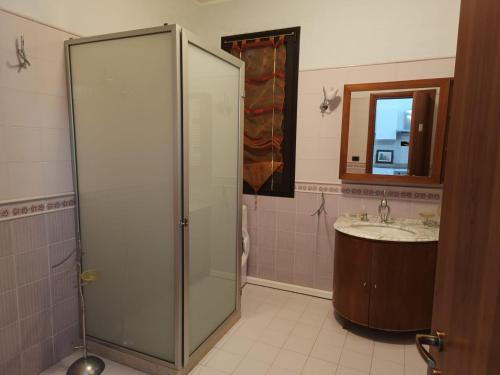 W łazience znajduje się prysznic i umywalka. w obiekcie Appartamento Mary w mieście Porto Cesareo