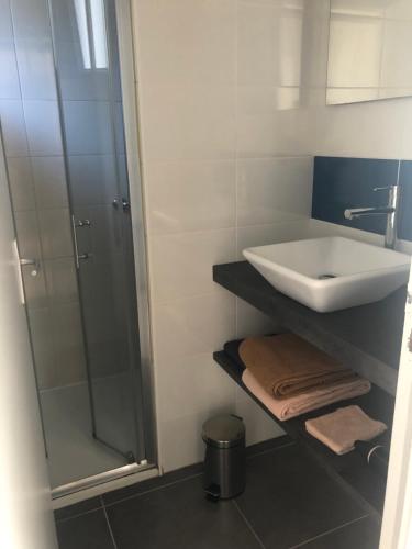 une salle de bain avec un lavabo et une douche dans l'établissement Solidor, à Saint-Malo
