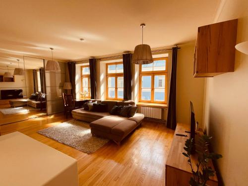 里加Old City Harmony Apartment的客厅里有一张沙发和一张桌子。