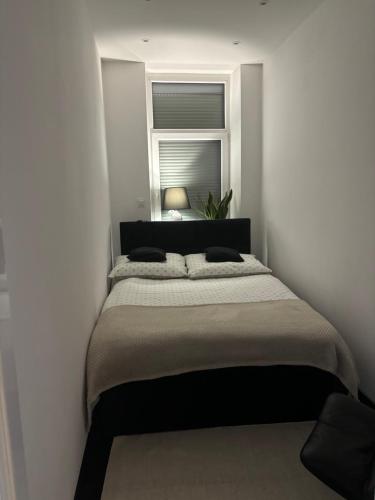 a bedroom with a bed with a window at Apartament Leonardo in Bolesławiec