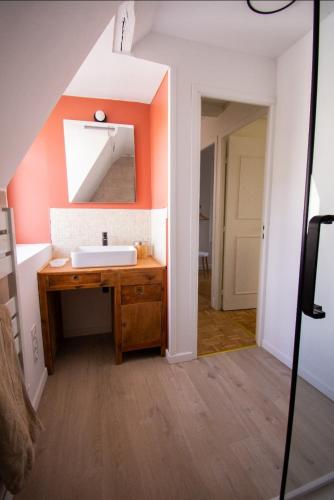 une salle de bain avec un lavabo et un miroir dans l'établissement Maisonbroca, à Bourges