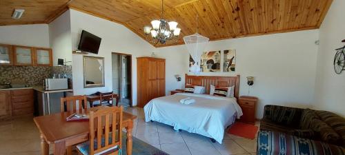 a bedroom with a bed and a table and a kitchen at Tarantula Guest House in Calvinia