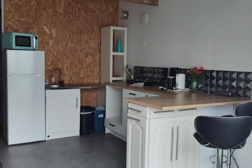 a kitchen with white cabinets and a white refrigerator at tiny house in Les Sorinières