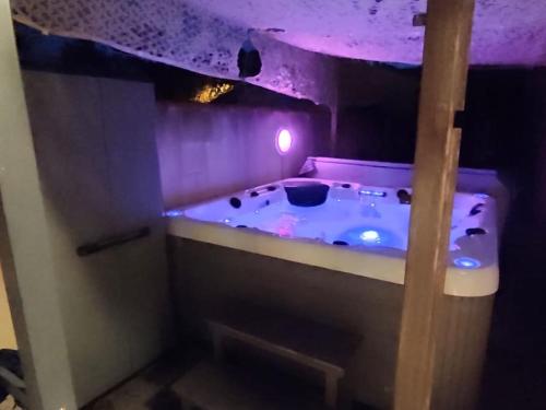 een badkamer met een jacuzzi met paarse verlichting bij tiny house in Les Sorinières