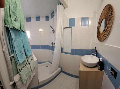 La salle de bains bleue et blanche est pourvue d'un lavabo et d'une douche. dans l'établissement Maison centre Historique, à Saint-Gilles