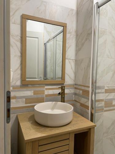 ein Badezimmer mit einem weißen Waschbecken und einem Spiegel in der Unterkunft Cosy studio, lit double in Le Mans