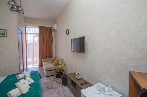 a hotel room with a bed and a tv on the wall at Hotel Homeland in Batumi