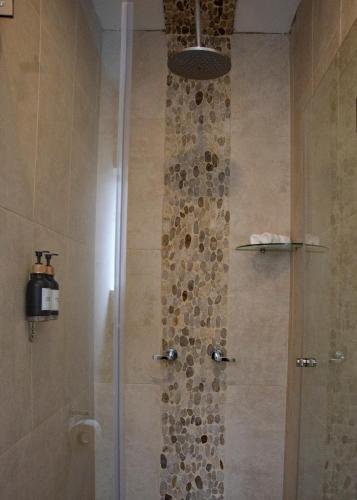 a shower with a glass door in a bathroom at Lima 18 Boutique in Lima
