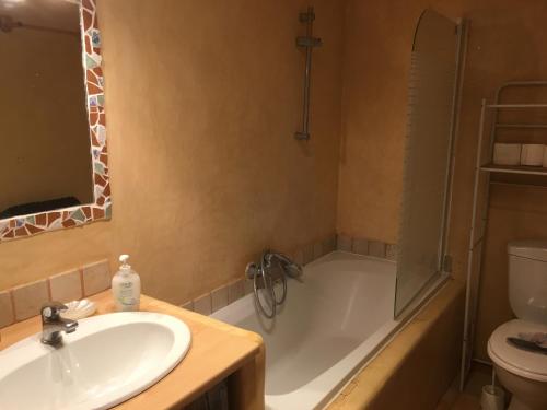 une salle de bain avec un lavabo, une baignoire et des toilettes dans l'établissement Gîte avec piscine Mes Vacances en Provence à Beaumes de Venise, à Beaumes-de-Venise