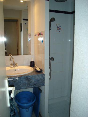 une salle de bain avec une douche, un lavabo et des toilettes dans l'établissement OREE DU GOLF II Agréable T3 traversant piscine côté golf Richelieu Cap d'Agde, au Cap d'Agde