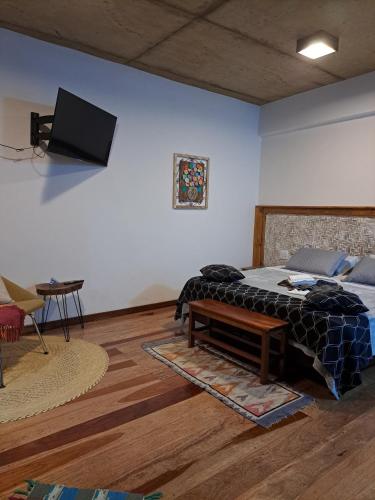 a bedroom with a bed and a tv on the wall at Chalé Antúrios - Lavras Novas in Lavras Novas