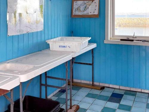 a bathroom with a white sink in a blue wall at 6 person holiday home in Storfosna-By Traum in Sletta