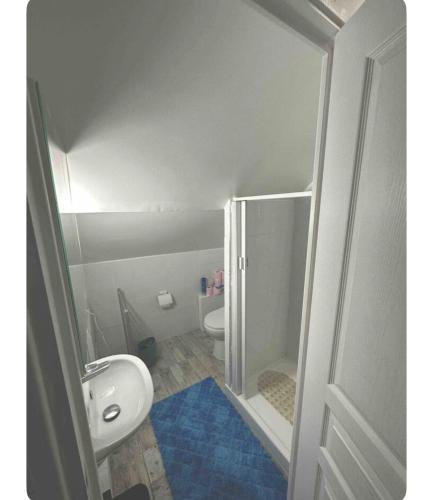 une petite salle de bain avec toilettes et lavabo dans l'établissement Studio Douche WC Cuisine, 10km de Paris, 2km métro, à Stains