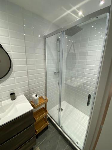 une salle de bain blanche avec une douche et un lavabo dans l'établissement Scandinavian Experience 5 chambres ****, à Toulouse