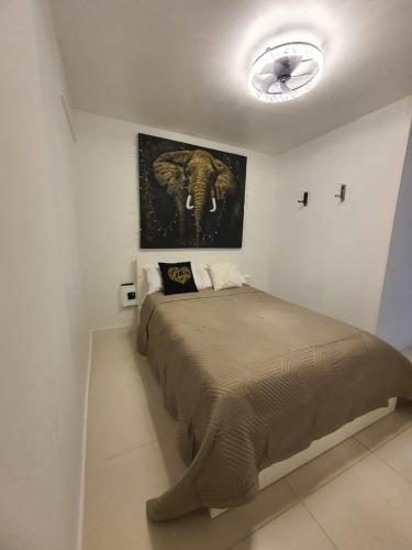 a bedroom with a bed and a picture of an elephant at Winnie's Homestay in Las Palmas de Gran Canaria