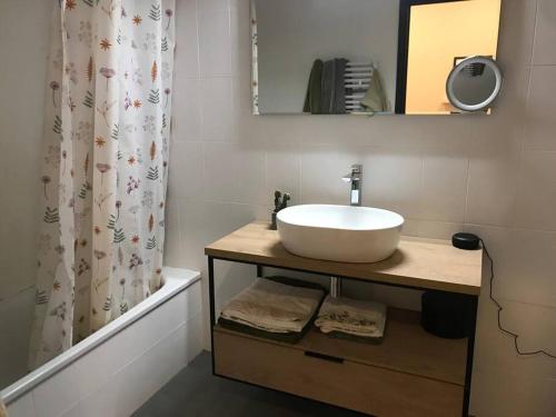 La salle de bains est pourvue d'un lavabo et d'un rideau de douche. dans l'établissement Piso en casa de pueblo, à Almoster