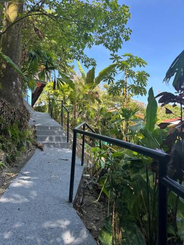 a sidewalk with a black rail next to some plants at Villas In Sueño Private Jungle Hotel in Manuel Antonio