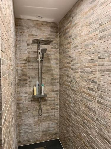 La salle de bains est pourvue d'une douche et d'un mur en pierre. dans l'établissement Villa 8 pers Aux Issambres Vue Mer & Piscine chauffée, à Roquebrune-sur Argens