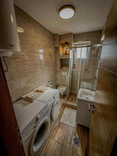 y baño con lavadora y lavamanos. en Dado apartman 2 en Kraljevo