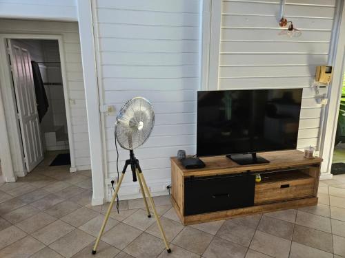 a fan sitting on a tripod next to a television at La villa Nuit D'Amour in Baie-Mahault