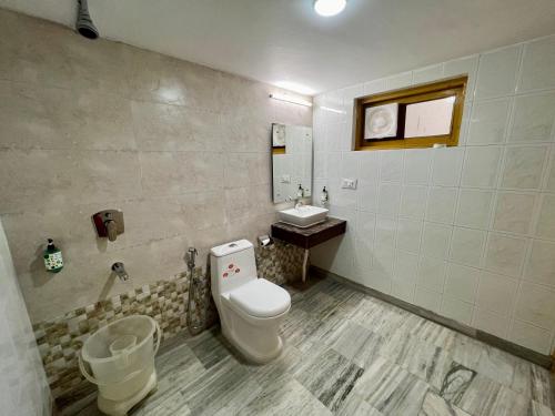a bathroom with a toilet and a sink at Woodstock Inn Manali in Manāli