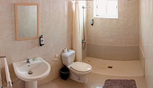 een badkamer met een toilet, een wastafel en een douche bij Mantenha ApartHotel in Praia