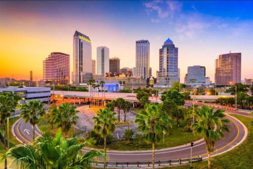 a city skyline with palm trees and a highway at Cozy Studio Bungalow Steps To Armature Works in Tampa